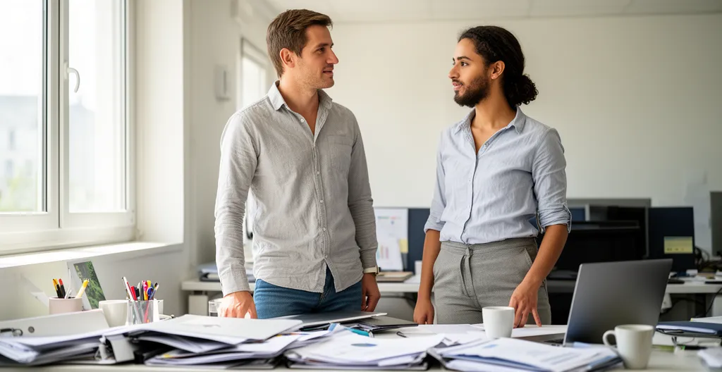 Deux collègues discutant près d'un bureau dans un open space de PME