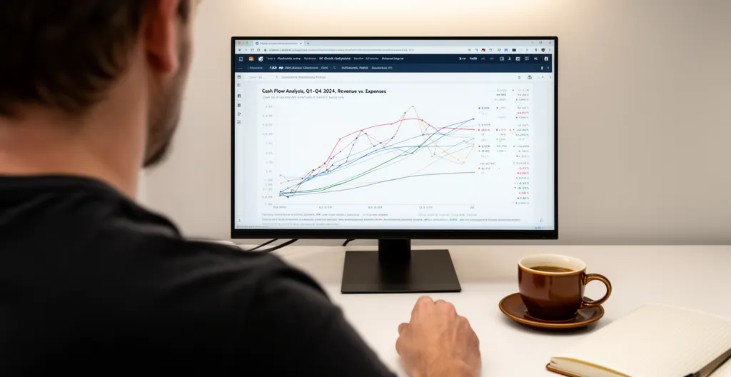 Écran d'ordinateur affichant des courbes de trésorerie et indicateurs financiers