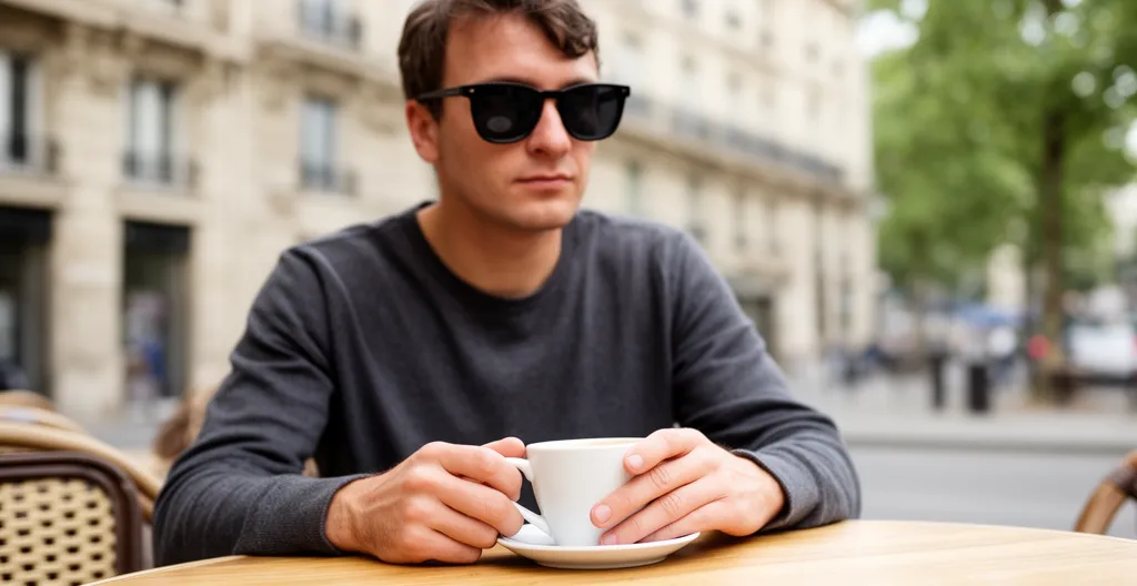 Personne portant des lunettes de soleil en terrasse de café ensoleillée