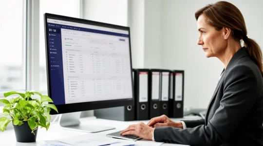 Responsable financière consultant un tableau de bord sur écran dans un bureau lumineux