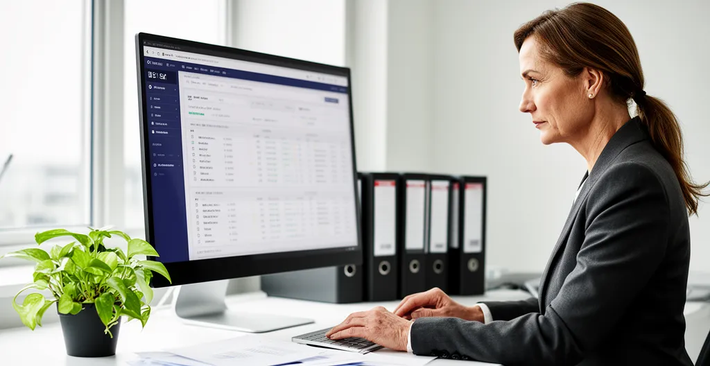 Responsable financière consultant un tableau de bord sur écran dans un bureau lumineux