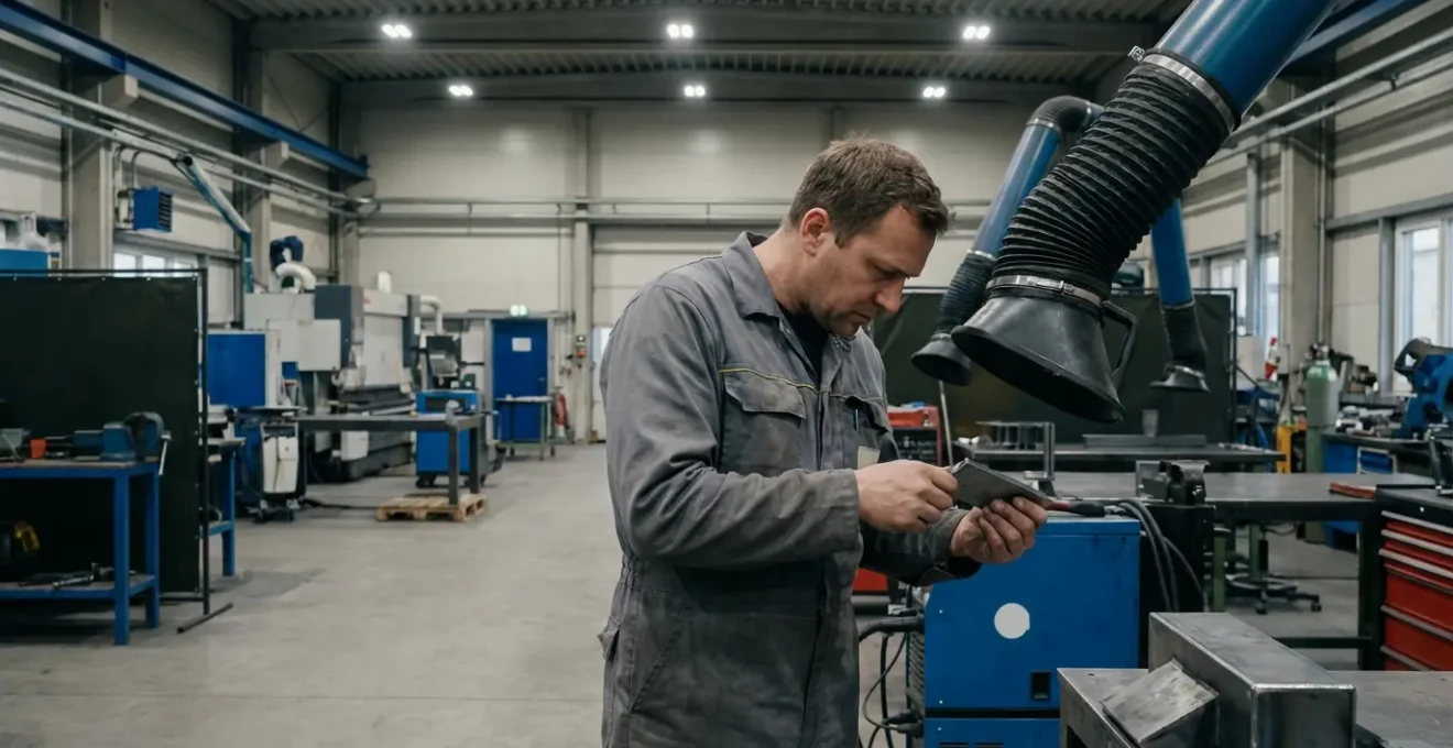 Opérateur inspectant pièce métallique près système captation fumées soudure atelier industriel