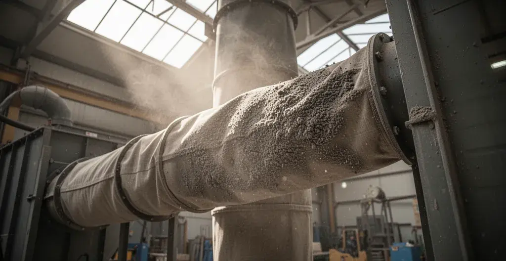 Filtre à manches de dépoussiéreur industriel encrassé montrant accumulation poussières