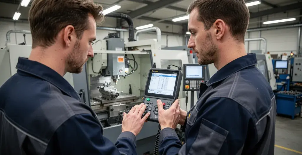 Technicien consultant appareil mesure qualité air près poste usinage industriel
