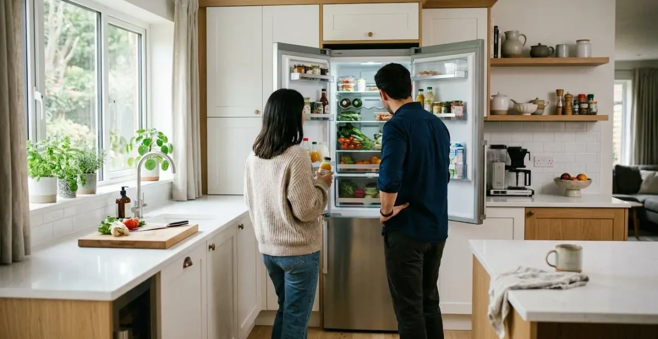 Un couple vu de dos observe l'intérieur d'un réfrigérateur ouvert dans une cuisine lumineuse aux tons blancs et bois