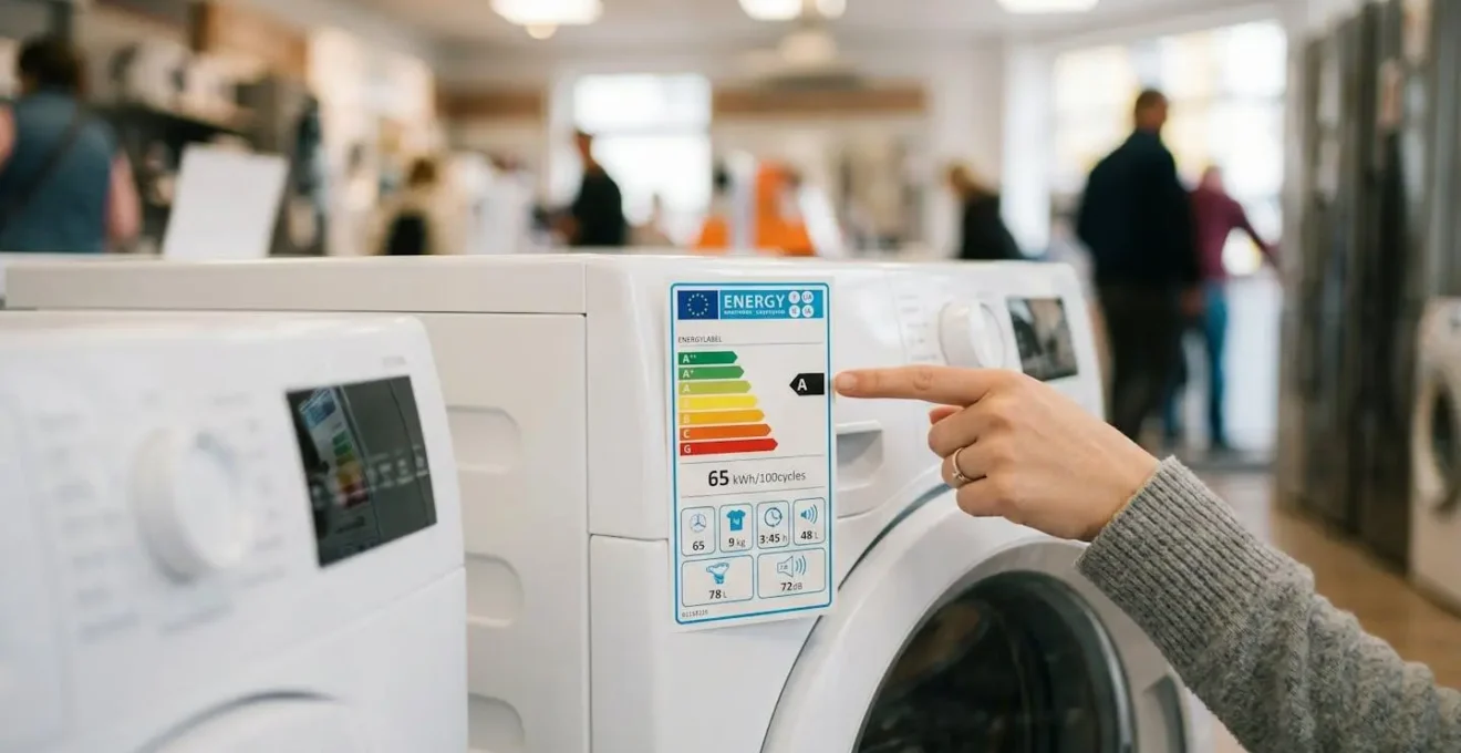 Une main pointe du doigt une étiquette énergie colorée fixée sur un appareil électroménager blanc dans un rayon de magasin