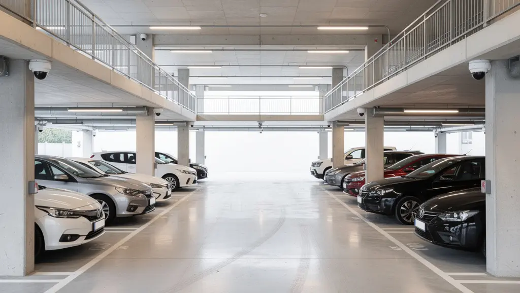 Parking couvert sécurisé avec caméras de vidéosurveillance visibles et véhicules stationnés