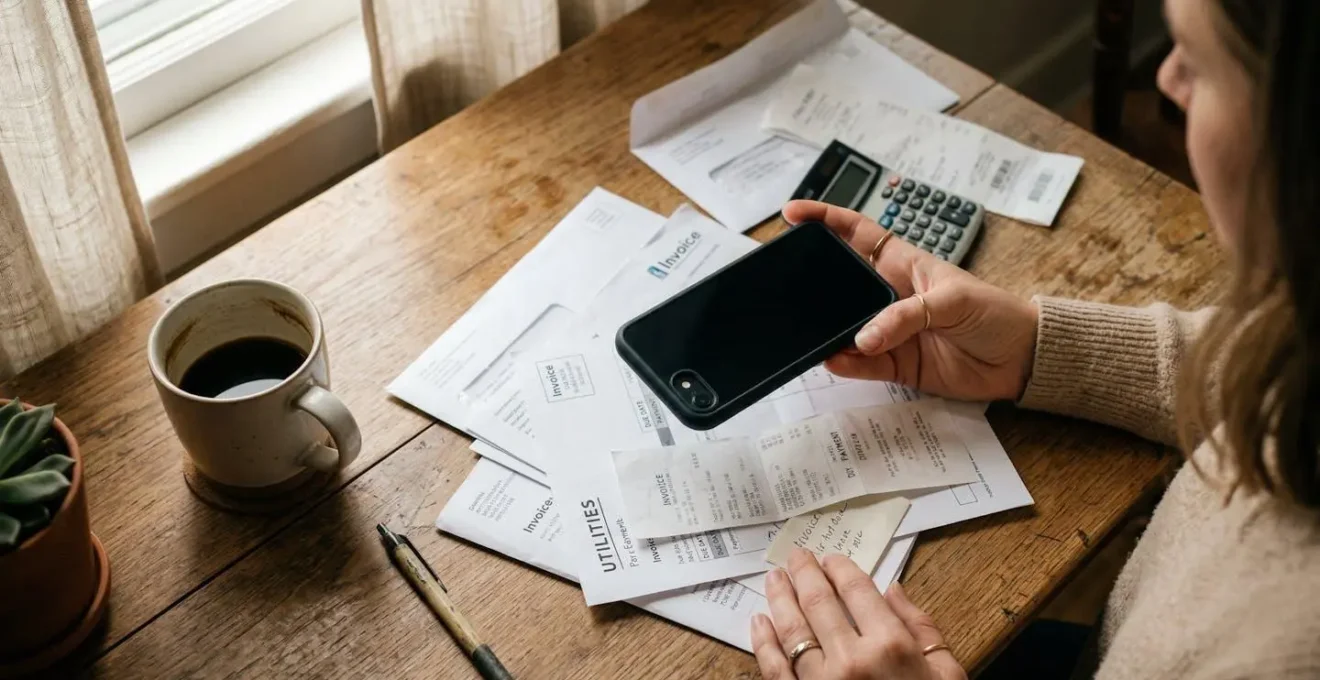 Vue plongeante sur une table de cuisine où des mains tiennent un téléphone à côté de documents et factures étalés
