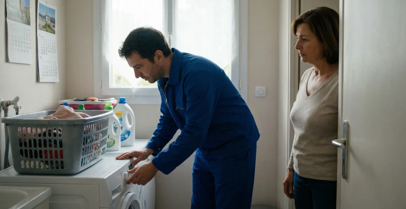 Technicien SAV inspectant un lave-linge dans une buanderie familiale française