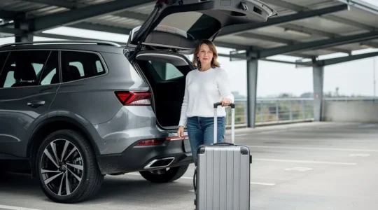 Voyageuse chargeant sa valise dans le coffre de sa voiture sur un parking couvert près de CDG