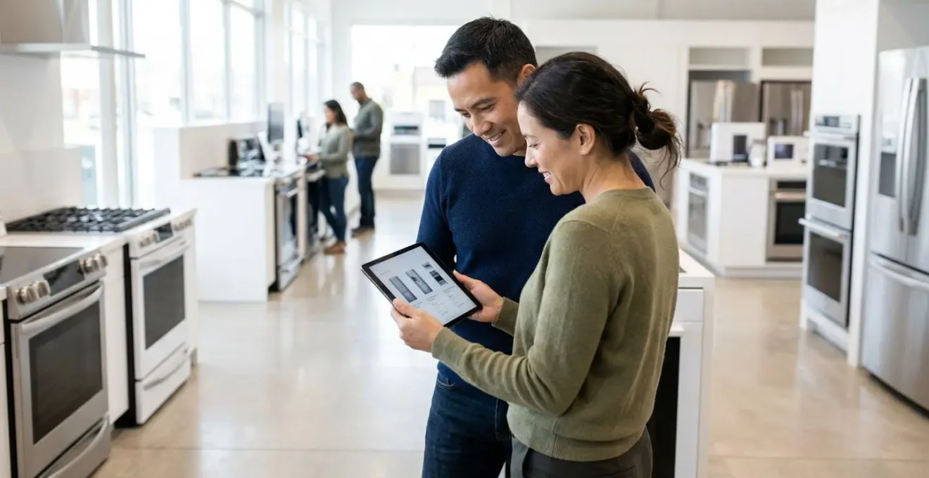 Un couple vu de trois-quarts consulte une tablette devant un rayonnage d'électroménager moderne en magasin lumineux