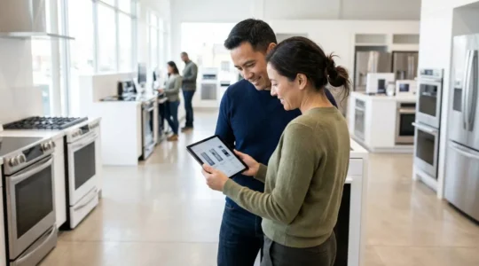 Un couple vu de trois-quarts consulte une tablette devant un rayonnage d'électroménager moderne en magasin lumineux