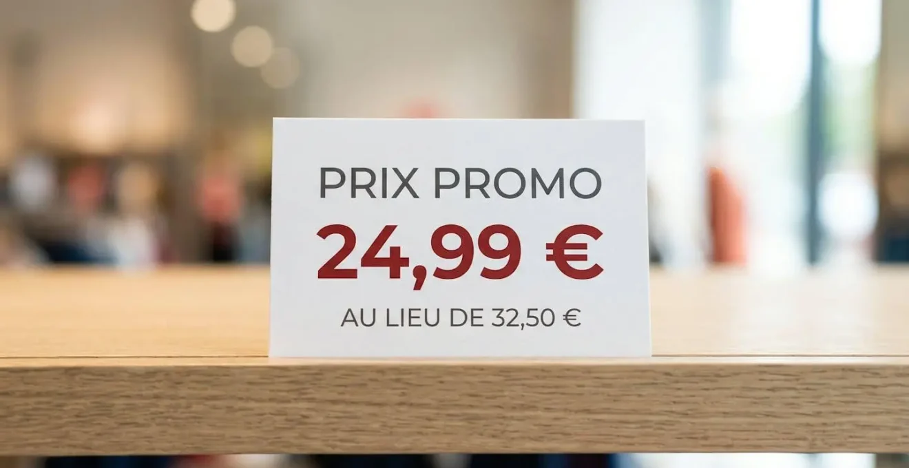 Gros plan sur une étiquette promotionnelle avec symbole euro et chiffres nets en mise au point, fond flouté en bokeh