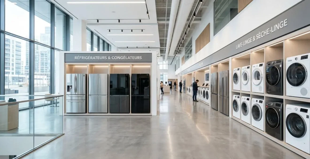 Showroom électroménager moderne avec rangée de réfrigérateurs et lave-linge exposés sous éclairage naturel, environnement épuré sans présence humaine