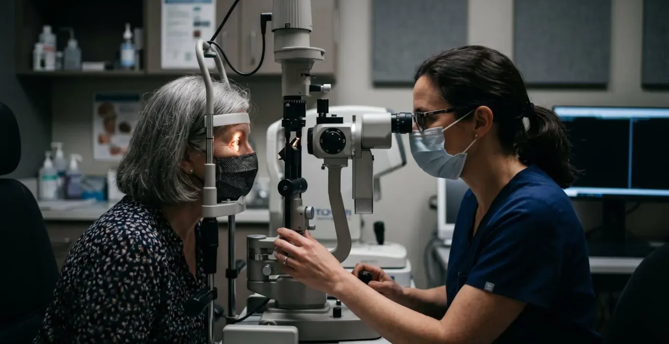 Ophtalmologue examinant la cornée d'un patient atteint de kératocône à la lampe à fente dans un cabinet médical