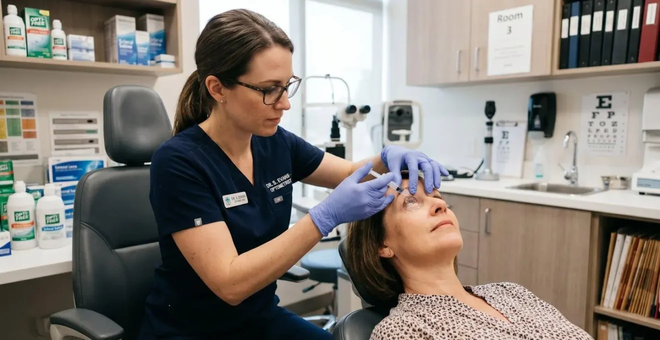 Un opticien spécialisé ajustant une lentille sclérale sur l'œil d'un patient adulte dans un cabinet d'optique moderne
