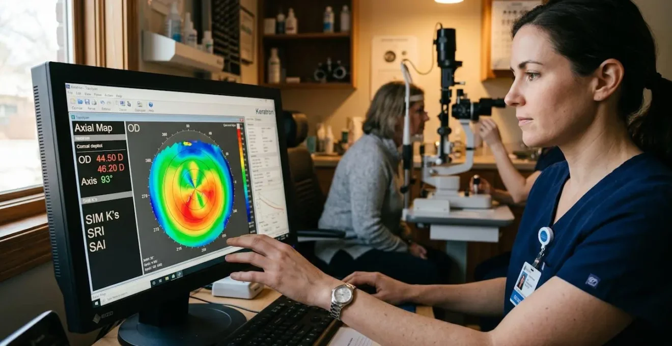 Représentation de la topographie cornéenne d'un œil humain analysée par un opticien spécialisé