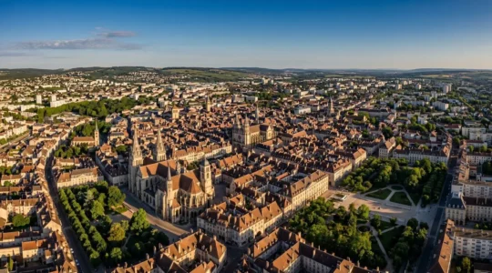 Vue aérienne de Dijon montrant la diversité architecturale du centre historique et des quartiers résidentiels