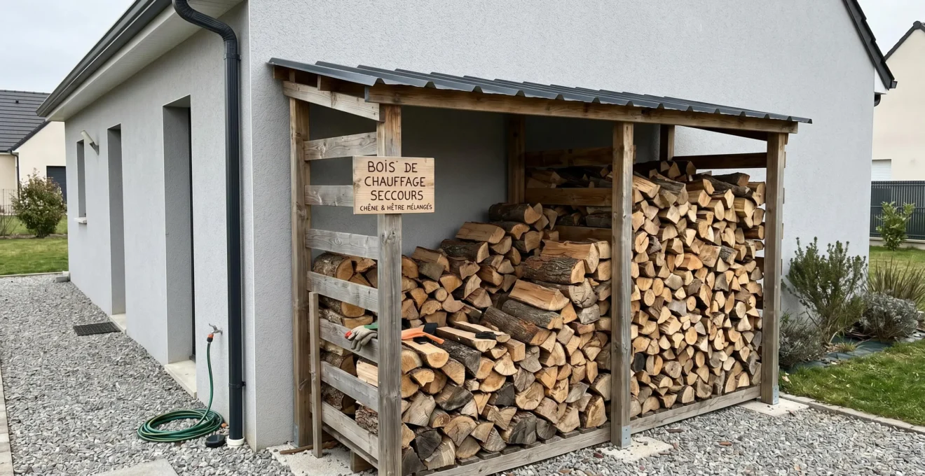 Abri à bûches en bois installé contre le mur extérieur d'une maison française, rempli de bûches fendues empilées de façon organisée