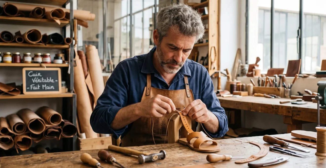 Artisan maroquinier d'une cinquantaine d'années assemblant une sandale en cuir camel sur son établi dans un atelier français lumineux, regard concentré sur son geste de couture, outils traditionnels visibles