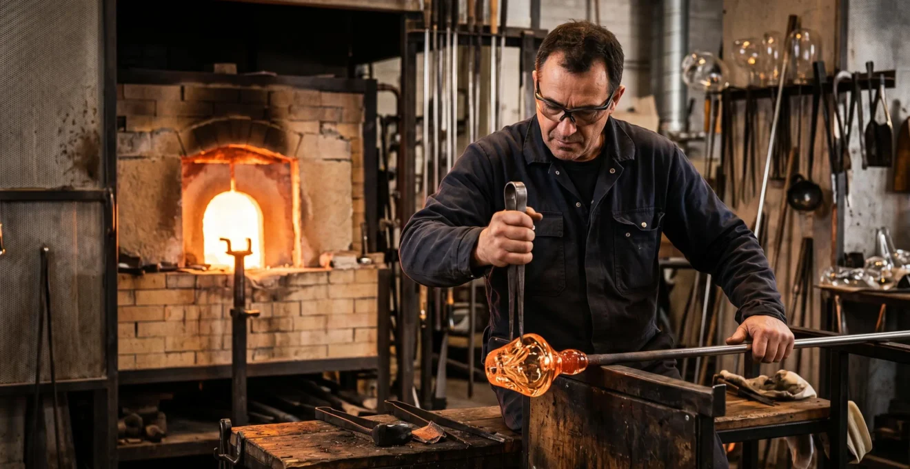 Artisan verrier français travaillant le cristallin dans un atelier traditionnel avec four et outils spécialisés