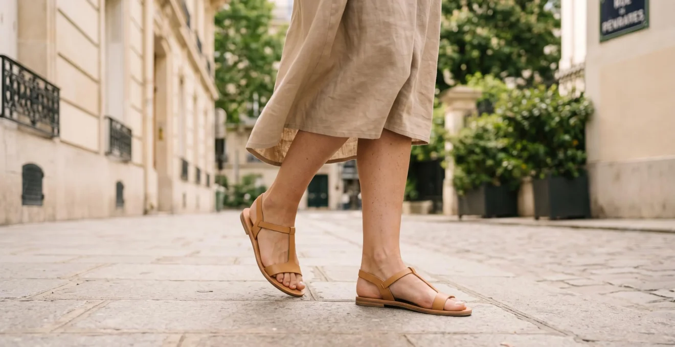 Femme marchant sur un trottoir parisien en pierre claire portant des sandales en cuir camel minimalistes et une robe en lin beige, lumière naturelle douce d'été