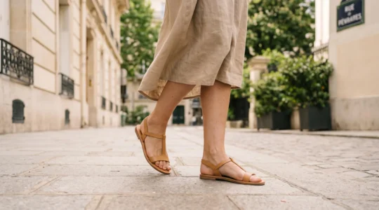 Femme marchant sur un trottoir parisien en pierre claire portant des sandales en cuir camel minimalistes et une robe en lin beige, lumière naturelle douce d'été