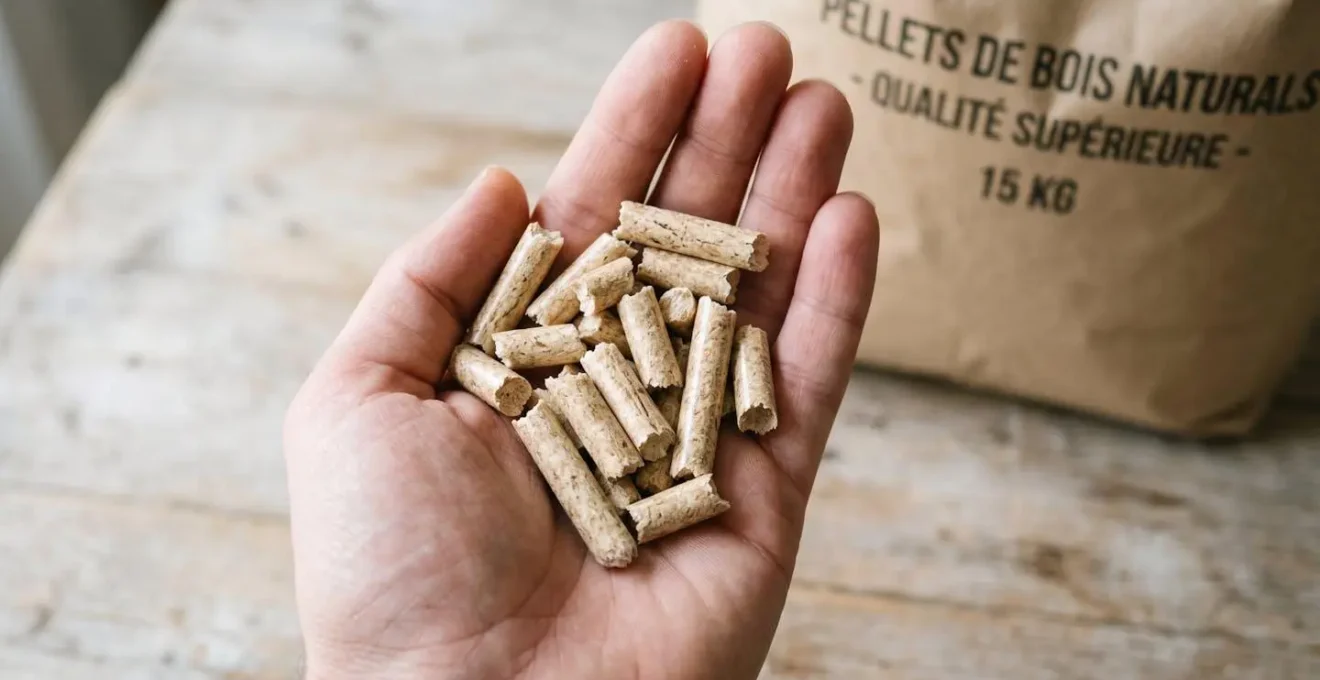 Gros plan sur une main tenant des granulés de bois cylindriques (pellets) de couleur beige naturel, avec sac de granulés en arrière-plan flou