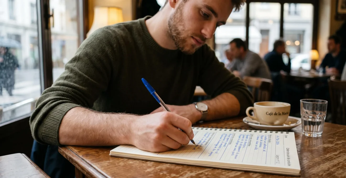 Gros plan sur mains de jeune candidat écrivant dans carnet de bord apprentissage conduite avec rubriques structurées en français, table intérieur moderne, lumière naturelle douce