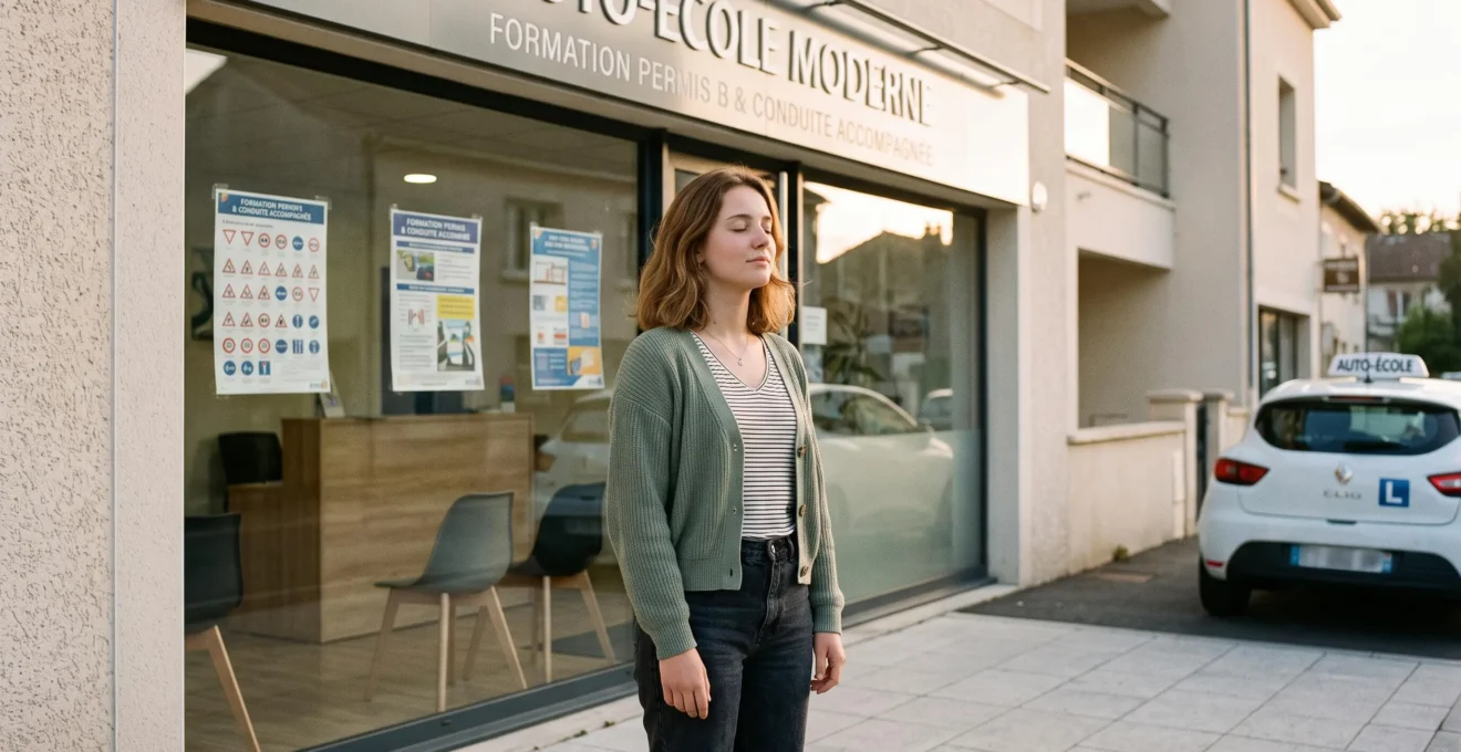 Jeune candidate devant auto-école française prenant une inspiration profonde yeux fermés en préparation mentale avant sa leçon de conduite, lumière naturelle fin d'après-midi