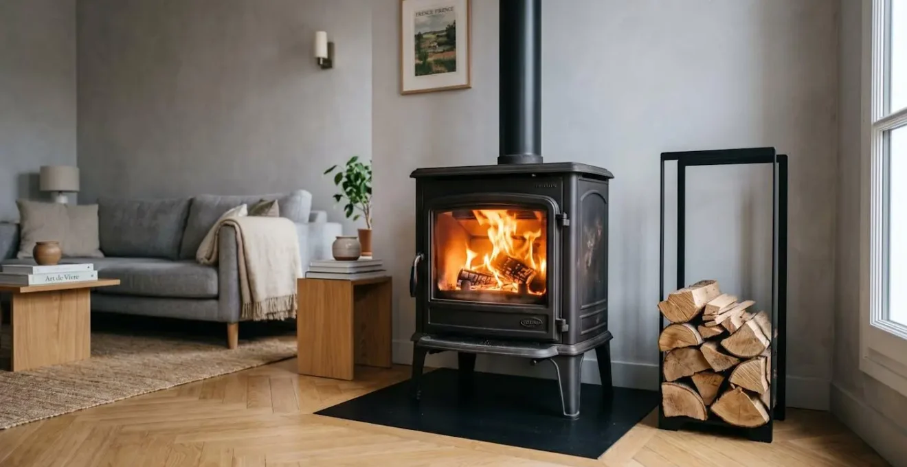 Poêle à bois en fonte noire en fonctionnement dans un salon contemporain français, avec flammes visibles et range-bûches à proximité