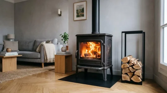 Poêle à bois en fonte noire en fonctionnement dans un salon contemporain français, avec flammes visibles et range-bûches à proximité