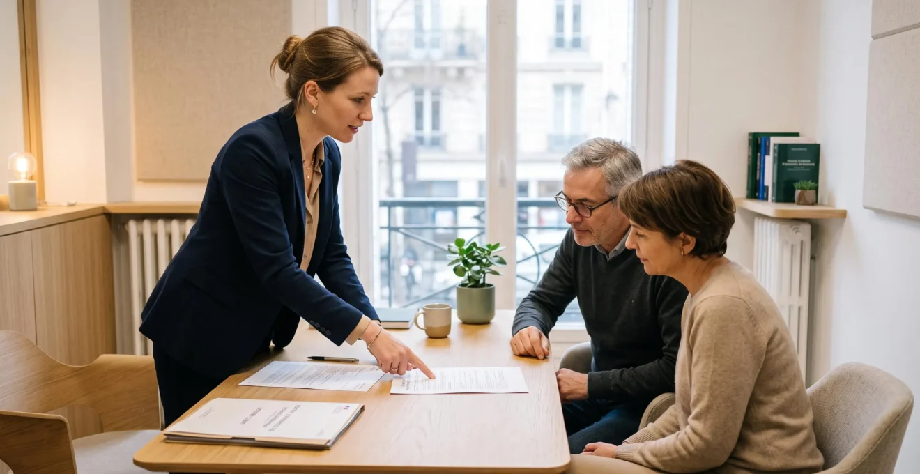 Conseillère en gestion de patrimoine expliquant un contrat d'assurance-vie à un couple de clients dans son bureau
