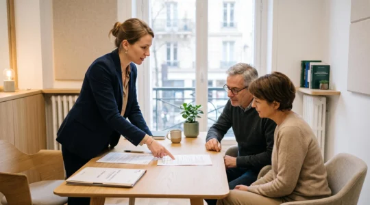 Conseillère en gestion de patrimoine expliquant un contrat d'assurance-vie à un couple de clients dans son bureau