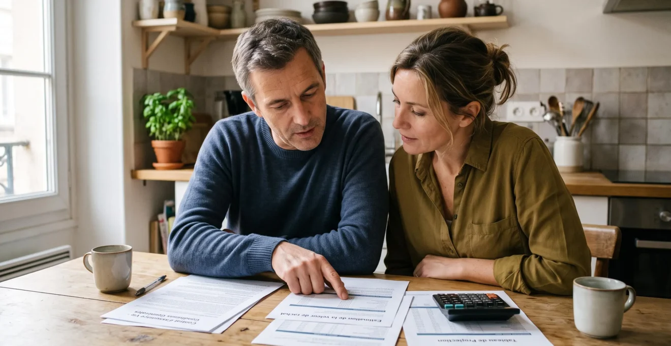 Couple discutant de leur stratégie d'épargne et de leurs documents d'assurance-vie à leur table de cuisine