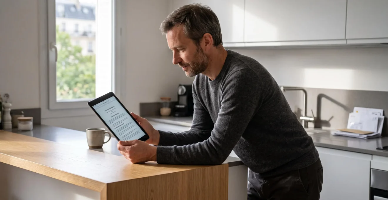 Homme consultant son contrat d'assurance-vie sur une tablette dans sa cuisine