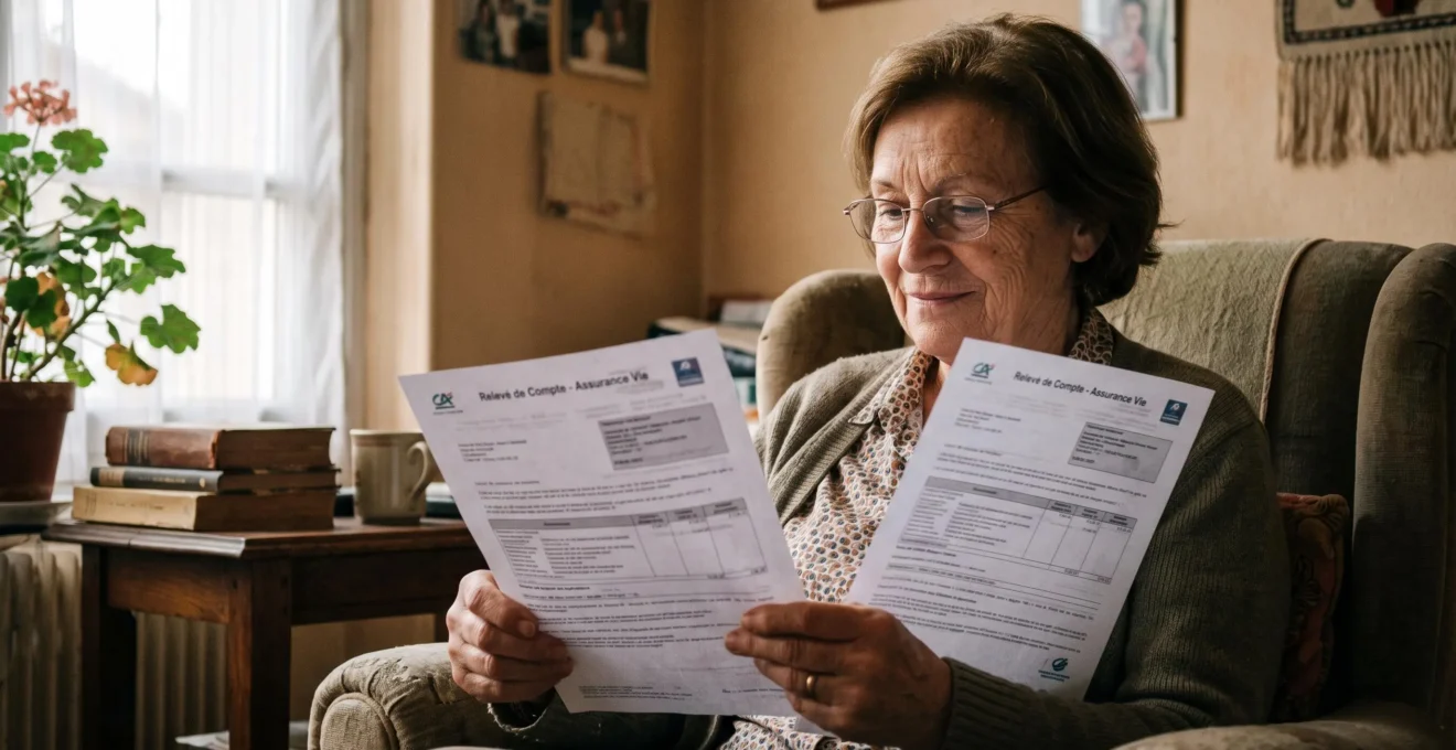 Femme senior lisant sereinement son relevé d'assurance-vie près d'une fenêtre dans son salon