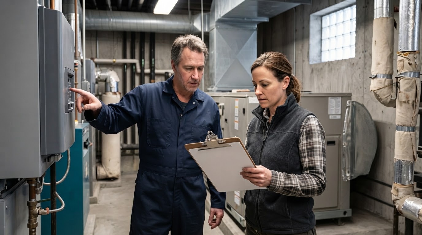 Deux professionnels de bâtiment examinent un calendrier d'entretien préventif devant des unités HVAC dans une salle mécanique.