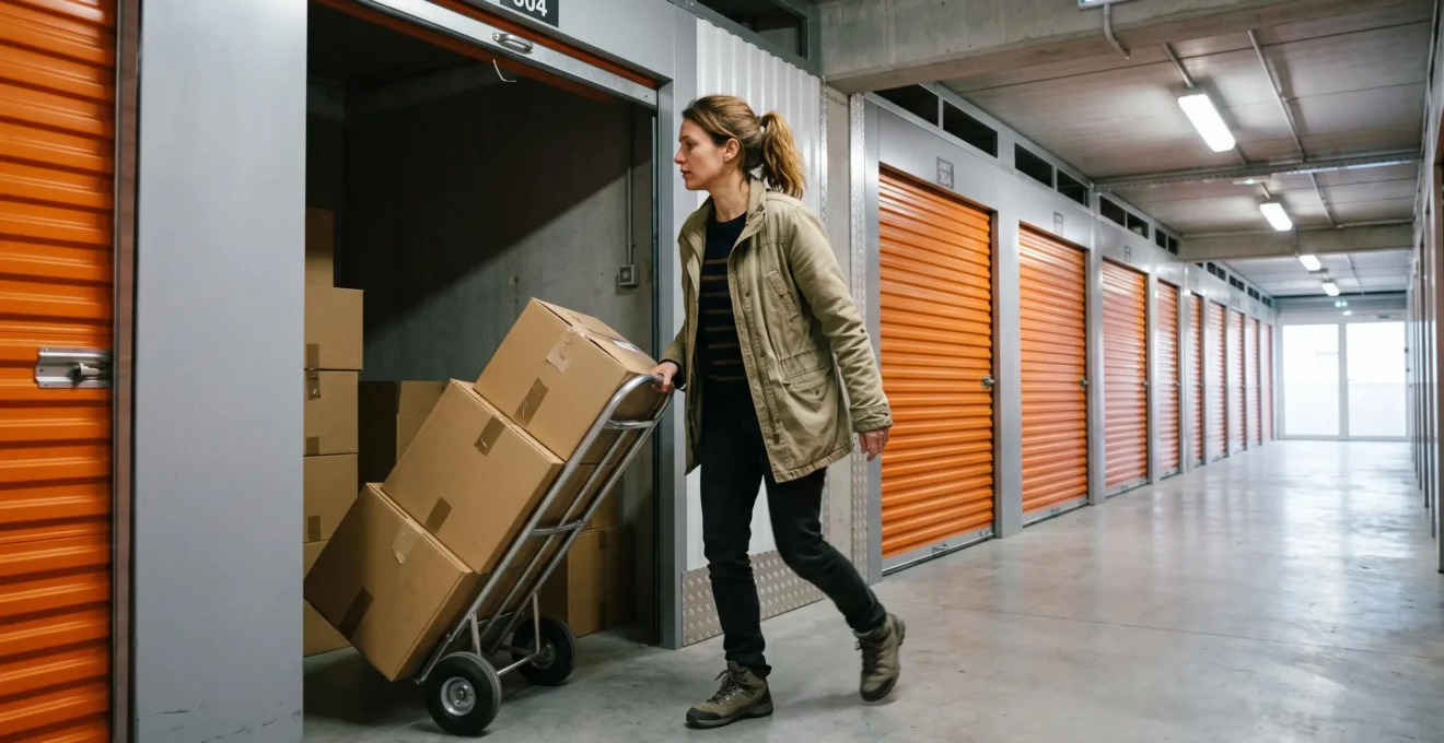 Une femme transporte des cartons de déménagement avec un diable dans un couloir de boxes de self-stockage.
