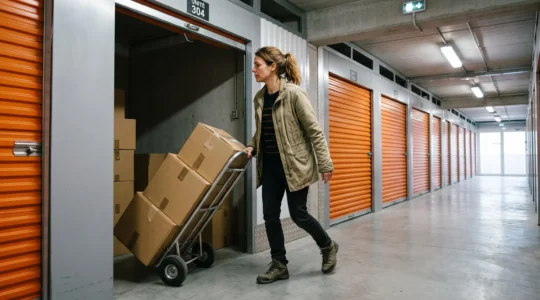 Une femme transporte des cartons de déménagement avec un diable dans un couloir de boxes de self-stockage.