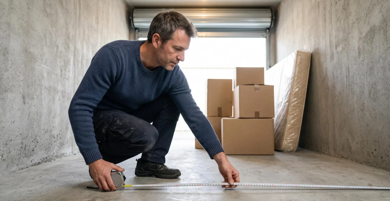 Un homme mesure la surface au sol d'un box de stockage avec un mètre ruban, des cartons derrière lui.