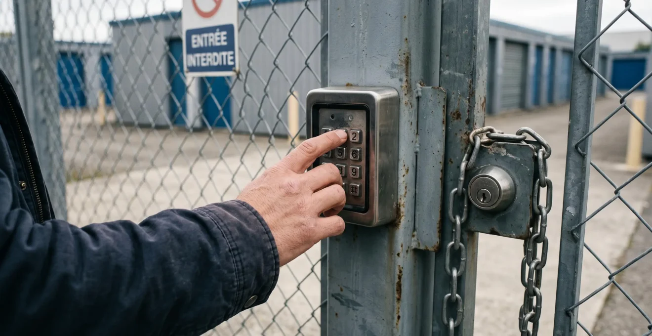 Des mains composent un code d'accès sur un clavier électronique à l'entrée d'un centre de self-stockage.