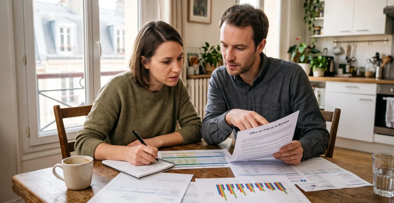 Couple préparant ensemble leur dossier de demande de crédit immobilier pour investissement locatif à leur domicile