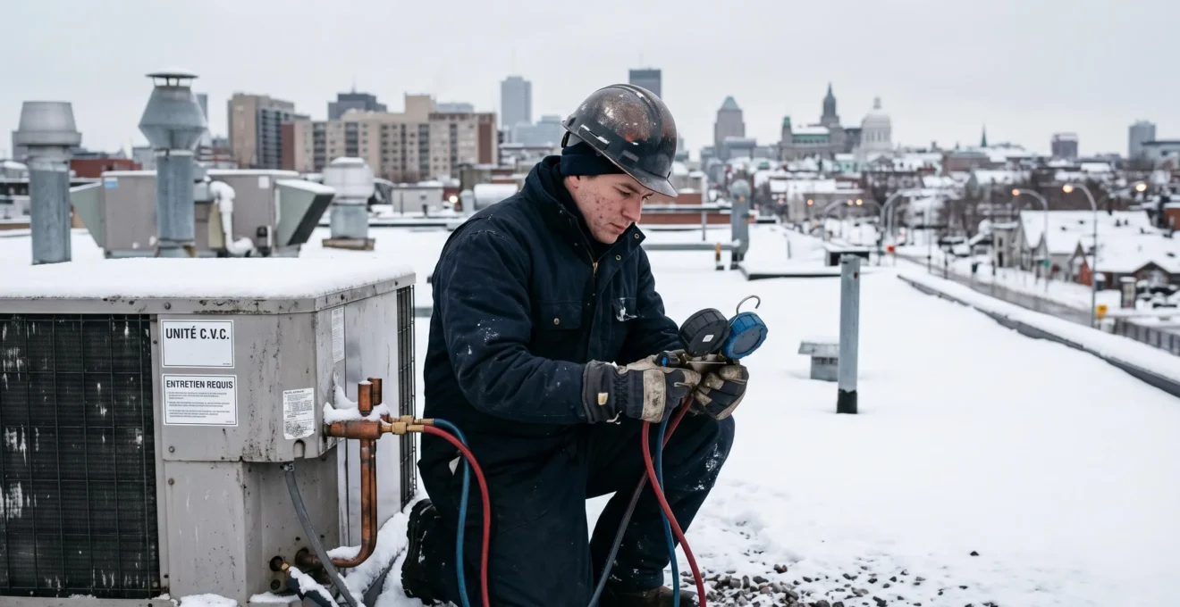 Technicien HVAC effectuant l'entretien préventif d'une thermopompe sur le toit d'un bâtiment commercial enneigé en hiver au Canada.
