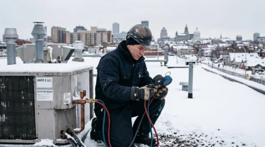 Technicien HVAC effectuant l'entretien préventif d'une thermopompe sur le toit d'un bâtiment commercial enneigé en hiver au Canada.
