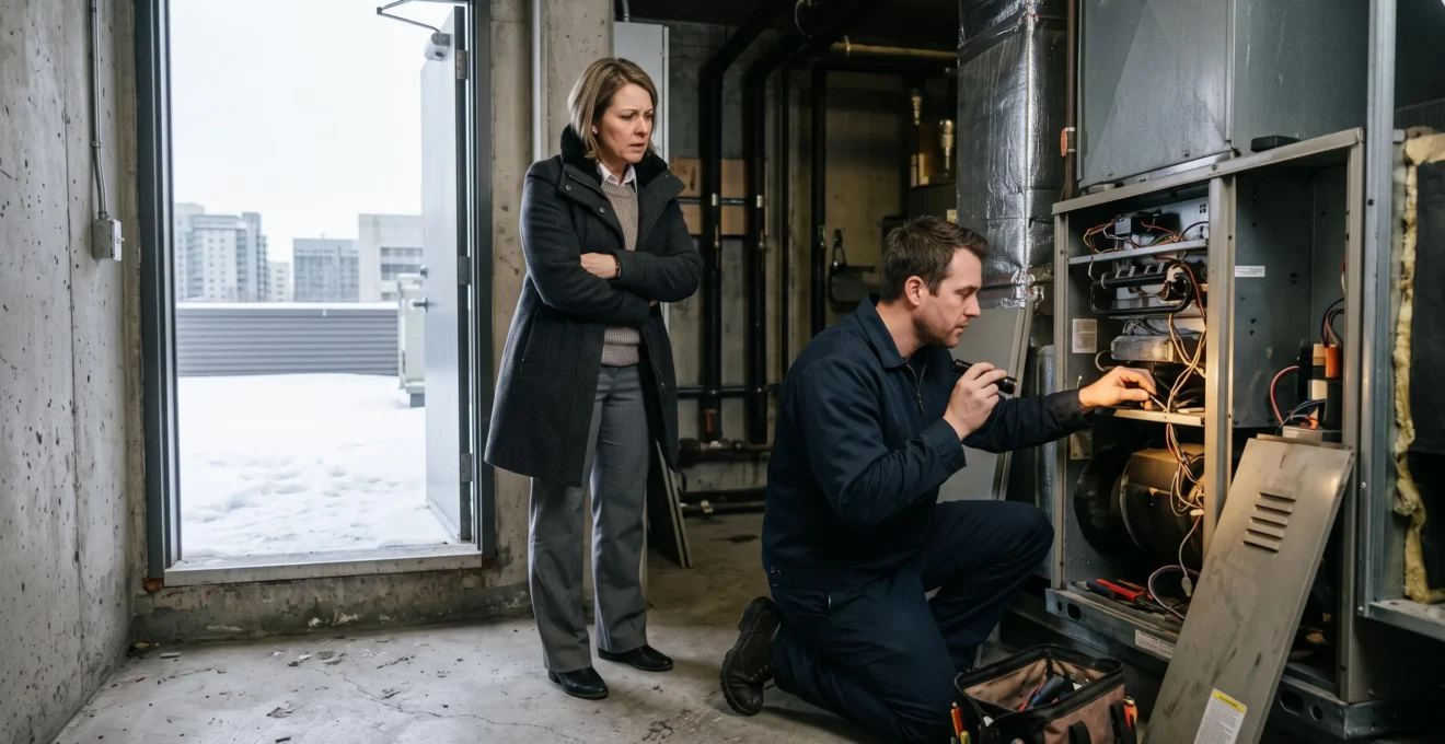 Gestionnaire de bâtiment observant un technicien intervenant en urgence sur une unité de chauffage défaillante dans un corridor utilitaire en hiver.