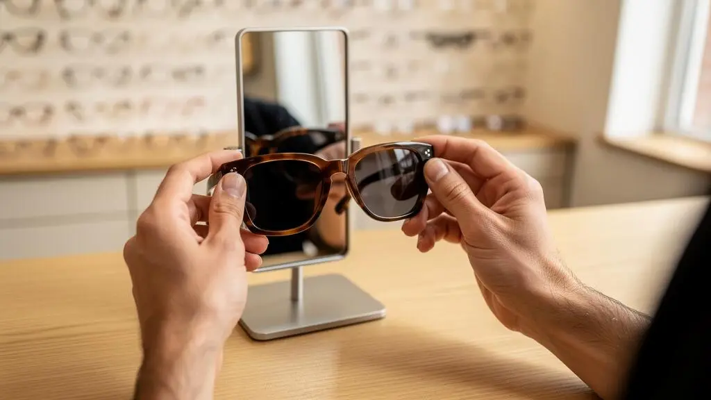 Une cliente essaie une monture en acétate devant un miroir chez un opticien.