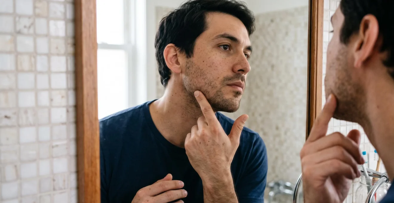 Un homme examine la forme de son visage dans un miroir en touchant sa mâchoire.