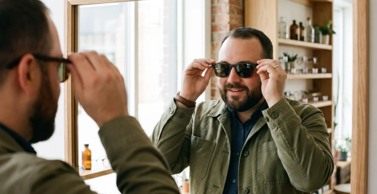 Un homme au visage rond essaie des lunettes de soleil carrées devant un miroir en boutique.