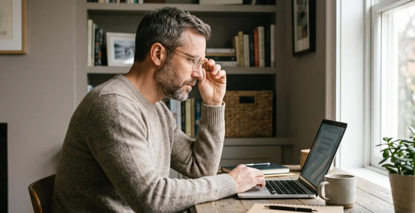 Un homme portant des lunettes transparentes travaille sur ordinateur dans un bureau lumineux.
